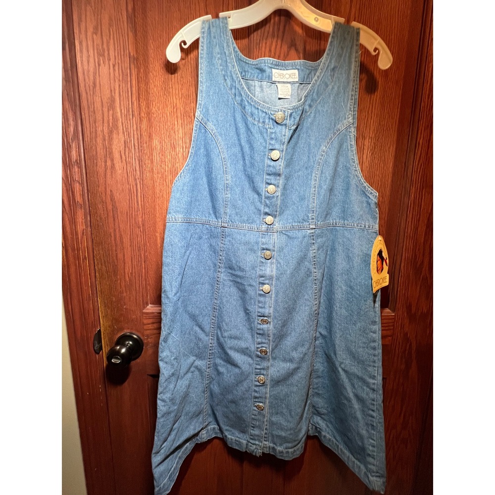 VTG NOS Cherokee Denim Jumper Dress Medium Wash Button Front Handkerchief Hem M